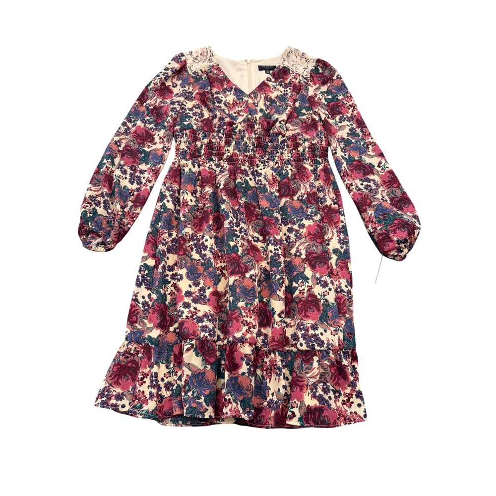 Tahari ASL V-Neck Smocked Floral Dress Women Size 6 Antique Rose NWT